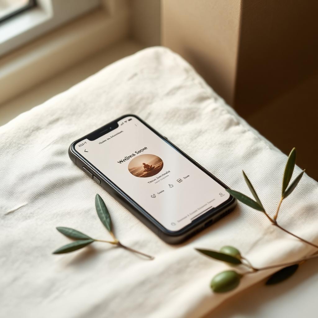 A wellbeing app on a phone resting on cream linen