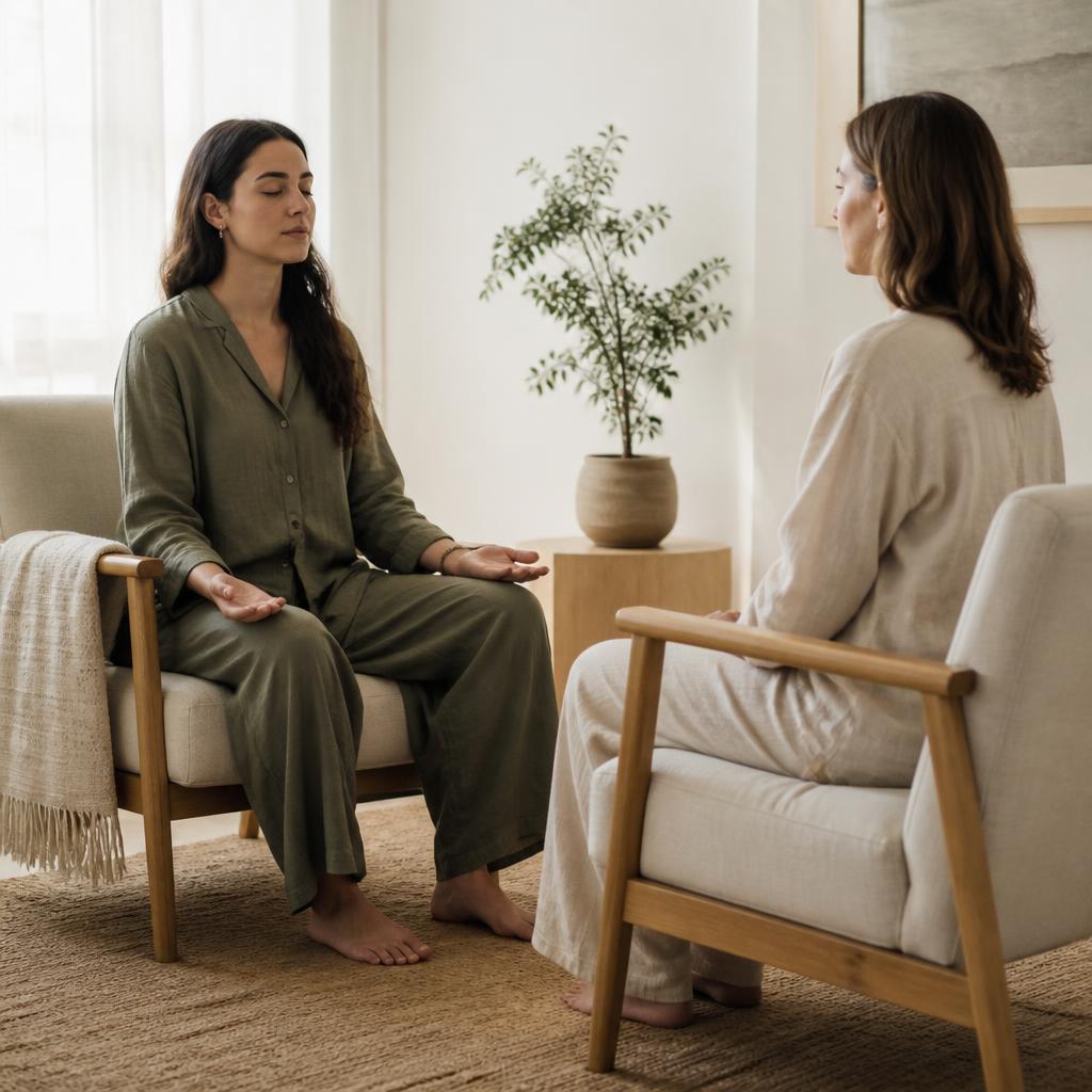 Two women in a 1:1 session, one resting a hand on her heart